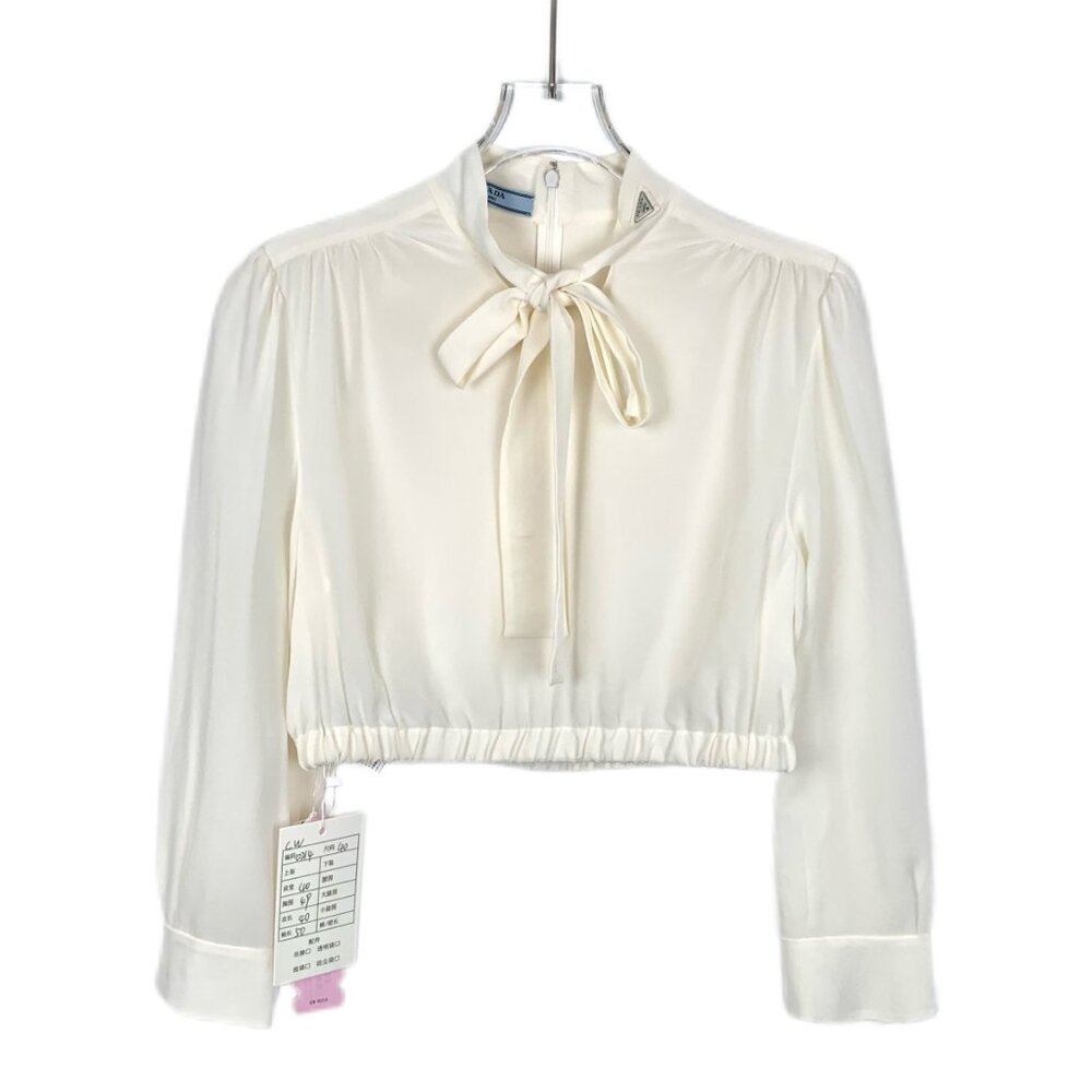 Prada Off-White Triangle Logo Bow Tie Silk Long Sleeve Shirt